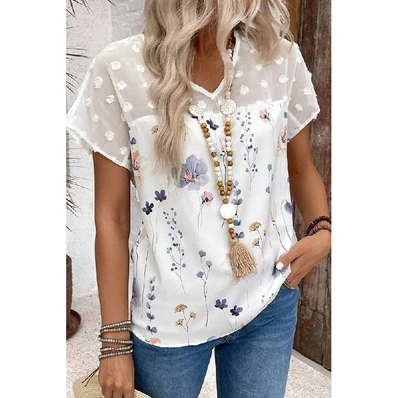 Half Price Floral Printed Lace Swiss Dot Splicing Summer Blouse, White