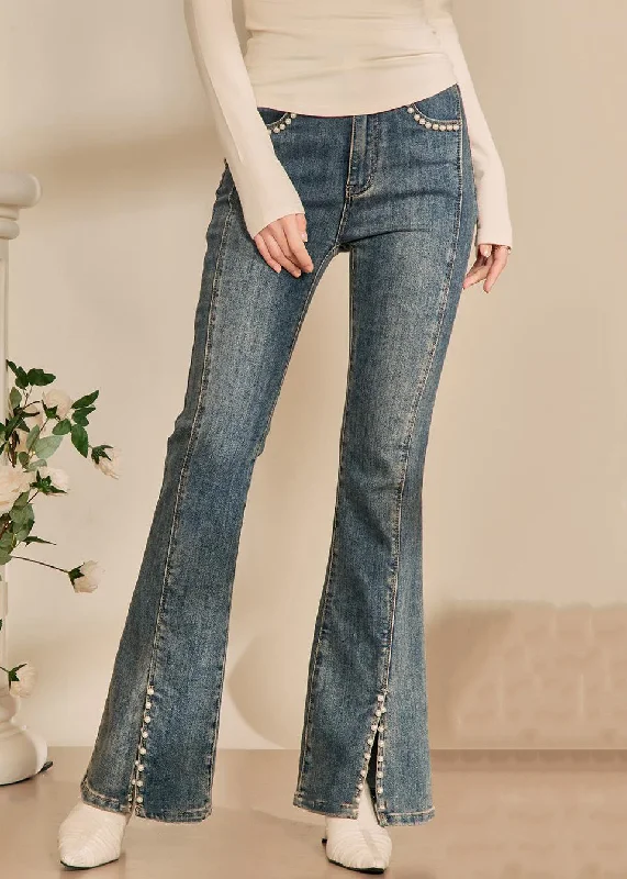 Instant Discount Modern Blue Pearl Front Open Denim Pants Spring