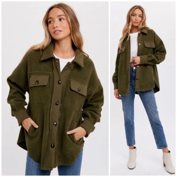 Savings Galore Olive Green Button Front Fleece Jacket W/ Elbow Patches & Pockets Winter Shacket