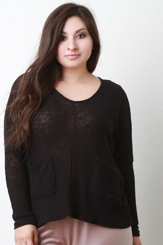 Shop and Save Loose Knit Pocket Long Dolman Sleeves Sweater Top