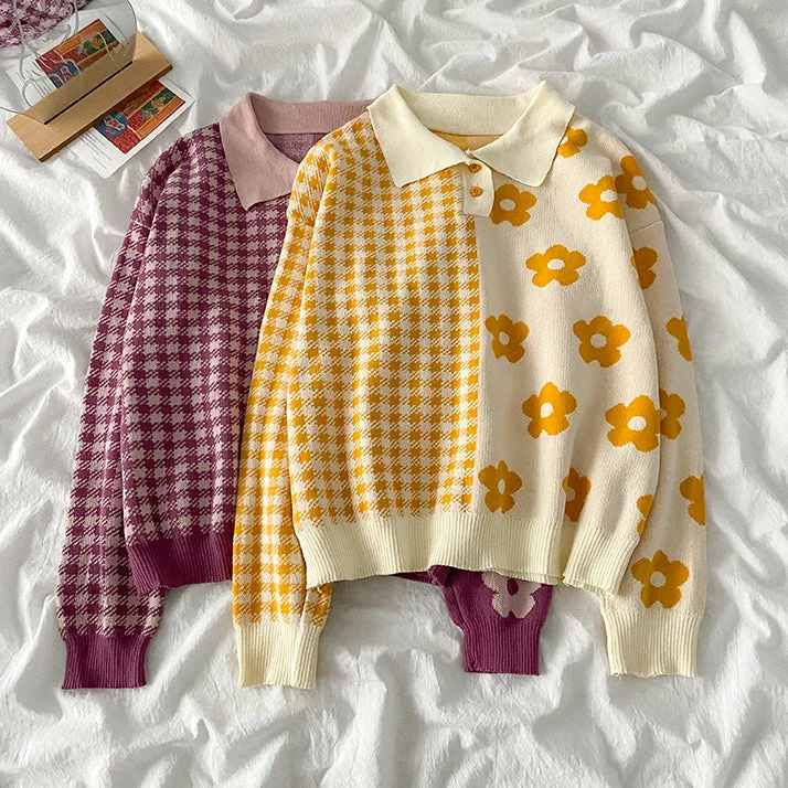 New Markdowns Gingham Daisy Polo Sweater (2 Colors)