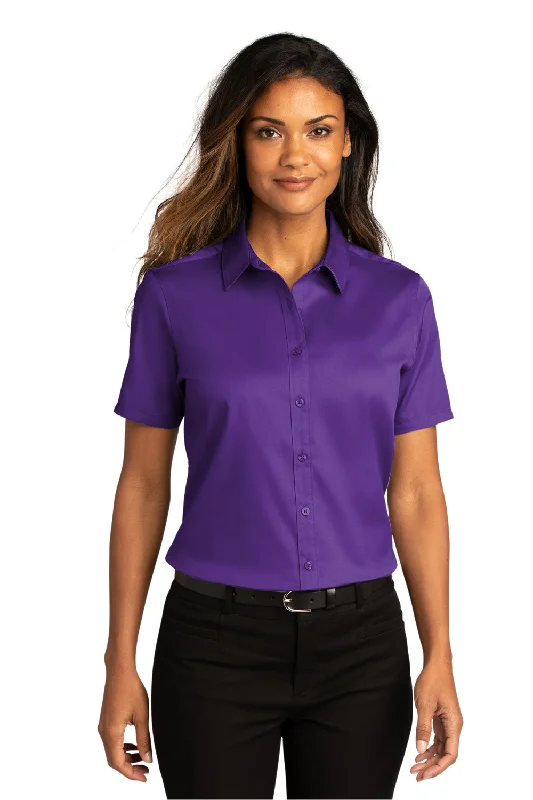 Deal Dash Port Authority Womens SuperPro Wrinkle Resistant React Short Sleeve Button Down Shirt - Purple