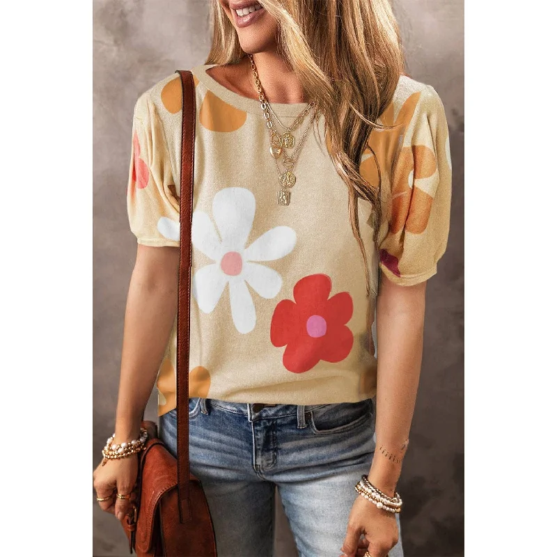 Super Savings Retro Floral Bubble Sleeve Tee, Apricot