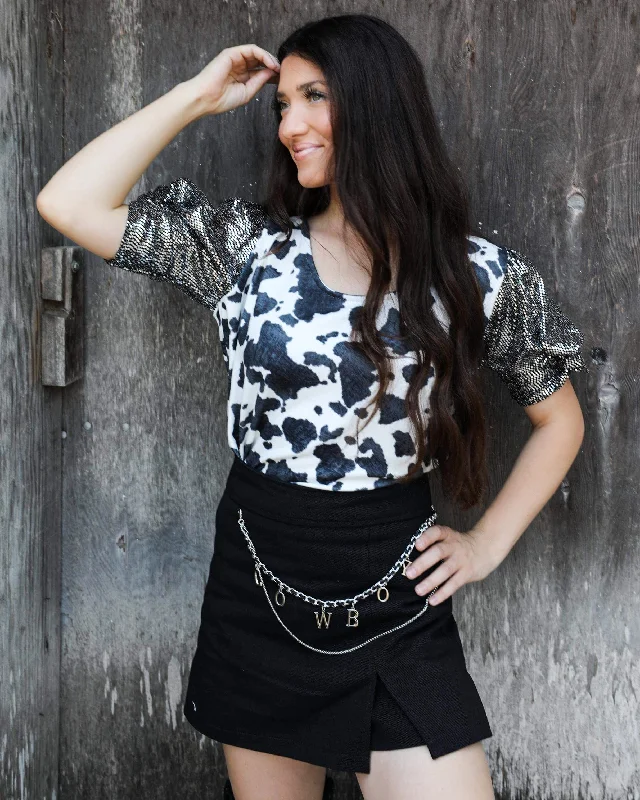 Friends and Family Sale Raelynn Black Cow Print Sequin Top
