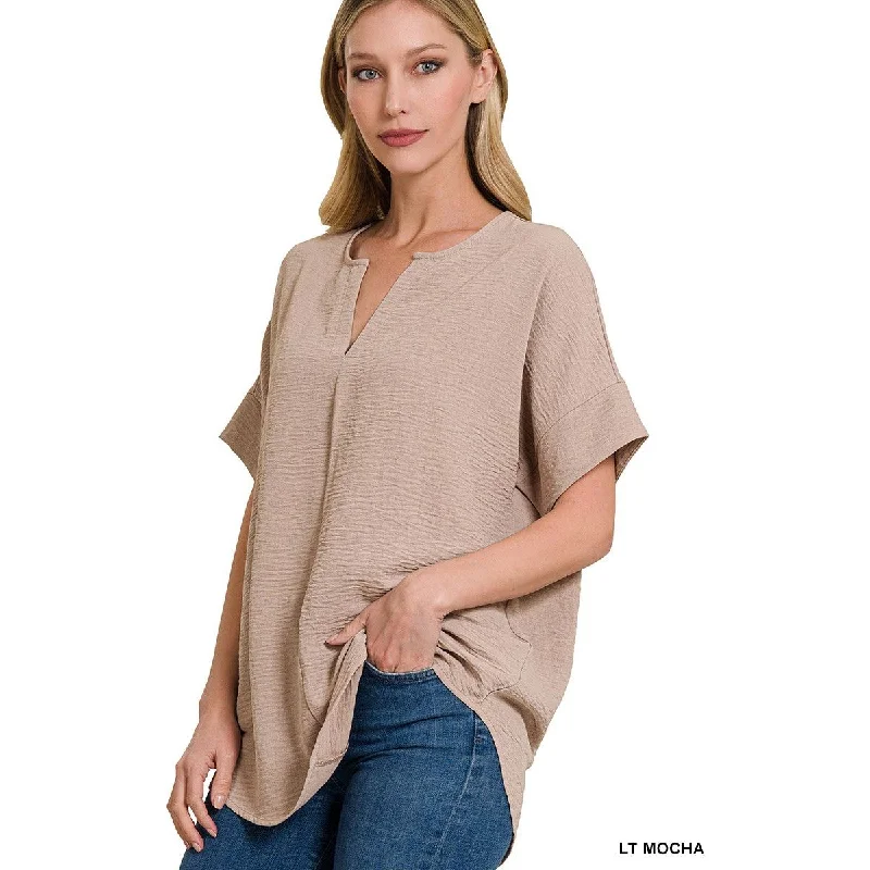 Limited Edition Woven Airflow Split Neck Short Sleeve Top, Light Mocha