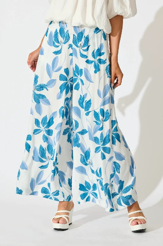 Markdown Sale Eleanor Wide Leg Pant In White with Blue Floral