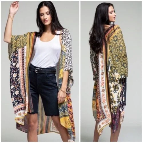 Weekend Savings Bonanza Floral Moroccan Tile Inspired Bohemian Colorful Kimono Wrap Coverup Top One Size