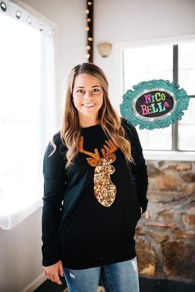 Weekend Discounts to Relish Women's Black Sequin Deer Shirt