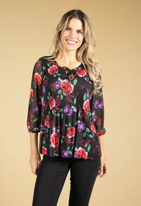 Big Discounts Rose Print Plisse Bodice Mesh Top