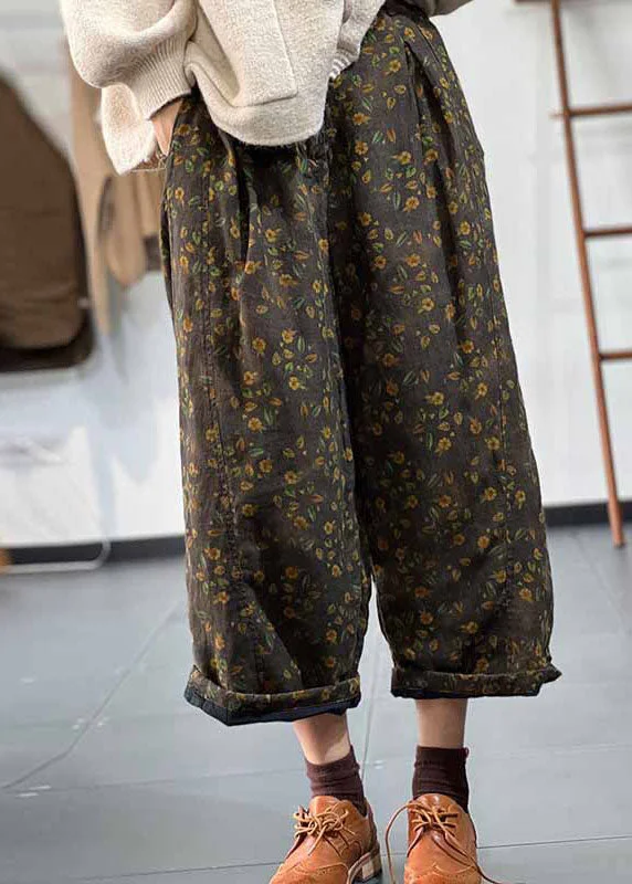 Extra Savings Art Green Elastic Waist Print Fine Cotton Filled Wide Leg Pants Winter