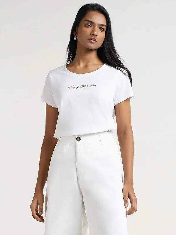 Act Fast LOV White Contrast Printed Cotton T-Shirt
