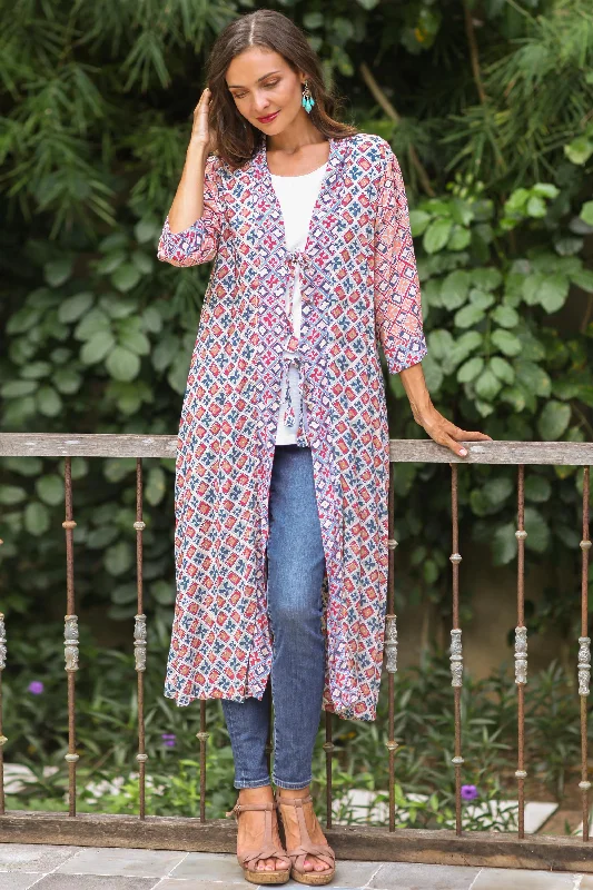 Weekend Savings Spree Kelud Crisscross Chili and Azure Printed Rayon Long Kimono from Bali