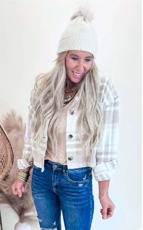 Final Clearance Beige Classic Plaid Cropped Shacket - Final Sale
