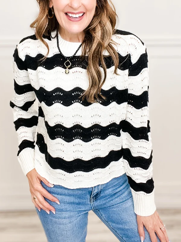 Reduced Prices Textured Wavy Knit Crew Neck Sweater Top