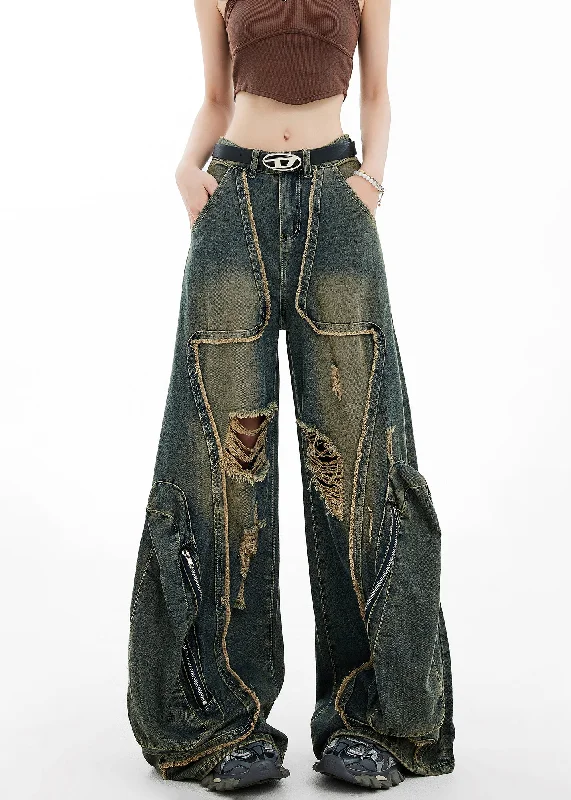 Overstock Style Blue Zip Up Pockets Ripped Denim Wide Leg Pants Fall
