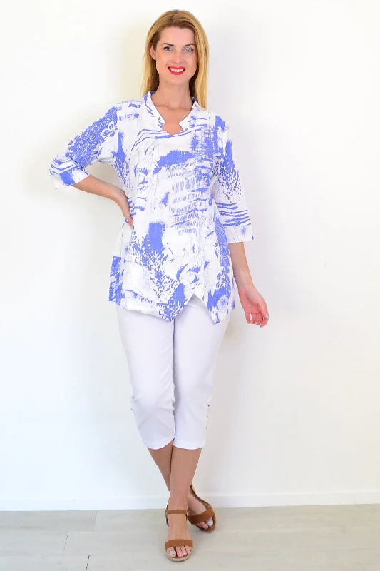 Weekend Discounts to Delight Blue Splash Linen Blend Tunic Top