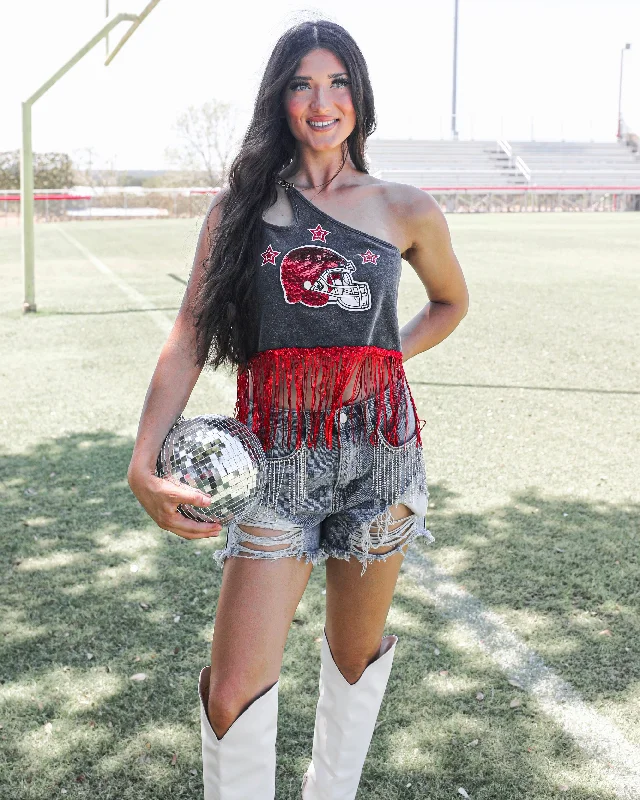 Savings Galore Varsity Red Sequin Fringe Crop Top