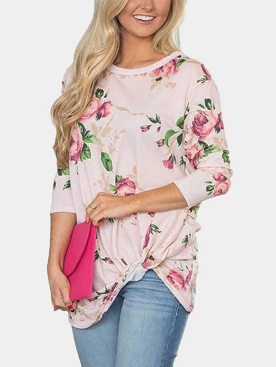 Crazy Deal Custom Round Neck Floral Print Long Sleeve Irregular Hem T-Shirts