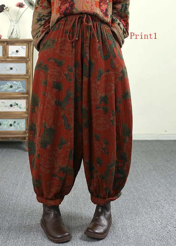 Closeout Plus Size Pockets Print Elastic Waist Fine Cotton Filled Pants Winter