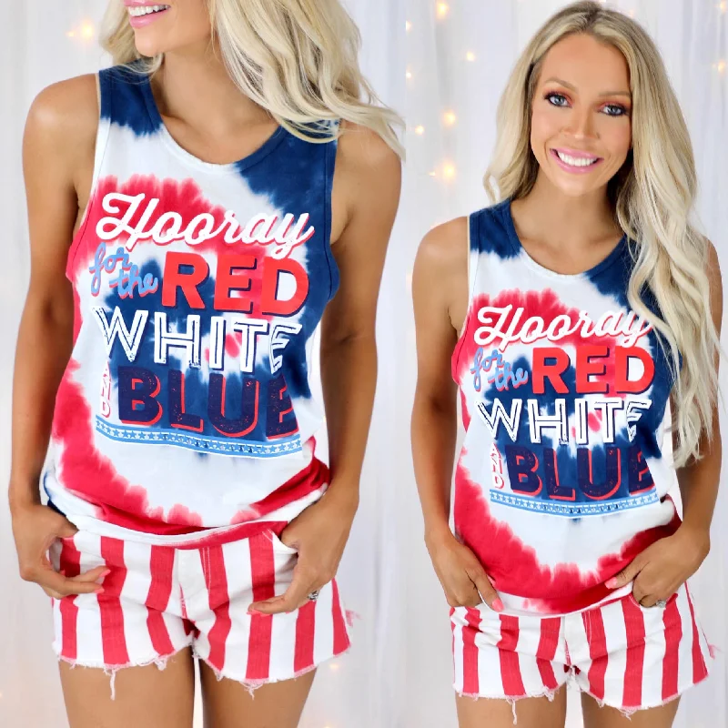 Instant Savings Red, White +Blue "Hooray" Tie-Dye Tank