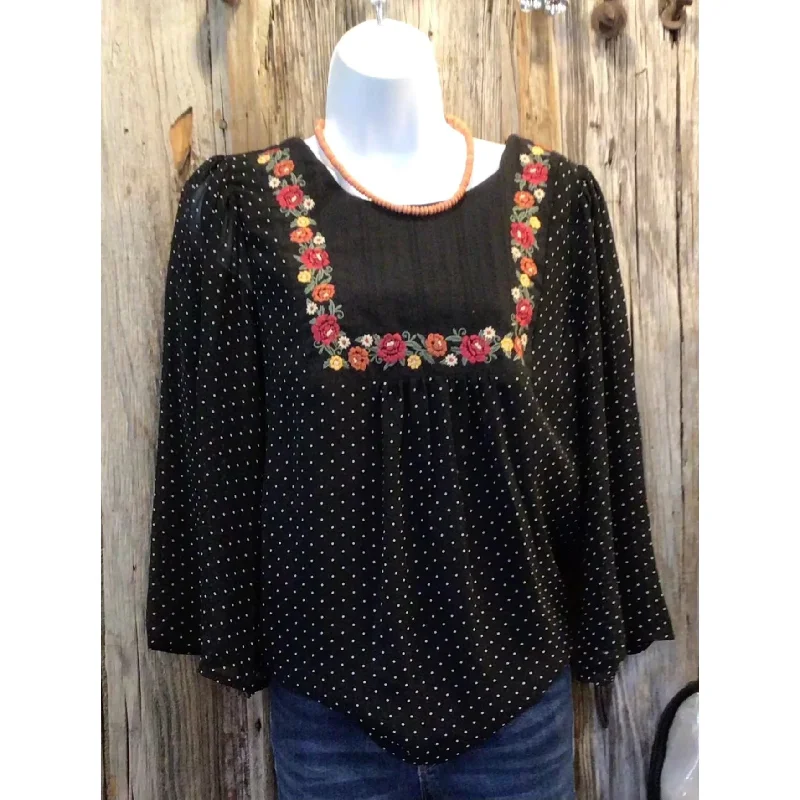 Best Seller Babydoll Polka Dot Blouse with Yoke Detail, Embroidery along the Neckline, Bell Sleeves
