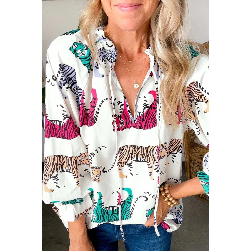 Exclusive Offer Tiger Ruffle Lantern Sleeve Blouse, White