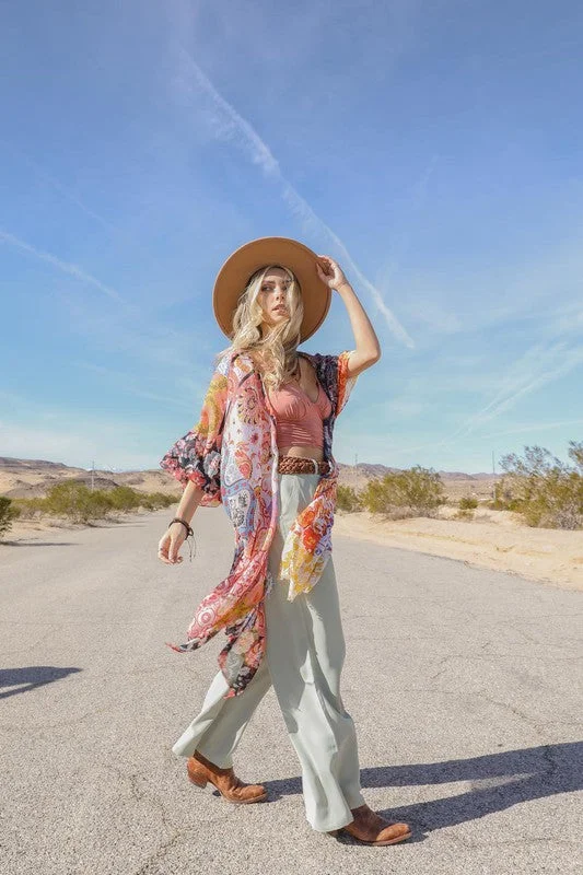 Season Finale Sale Sky Blue Boho Patchwork Floral Bohemian Kimono Wrap Coverup Open Top Casual Spring