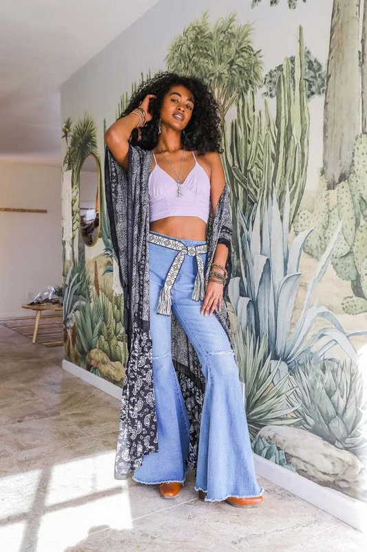 Customer Appreciation Sale Black Paisley Tapestry Free Flow Kimono Open Duster Coverup Wrap Top