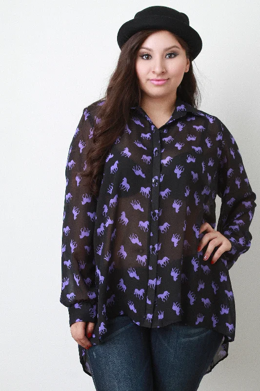 Savings Galore Horse Print Collar Button Up Long Cuff Sleeves High Low Top