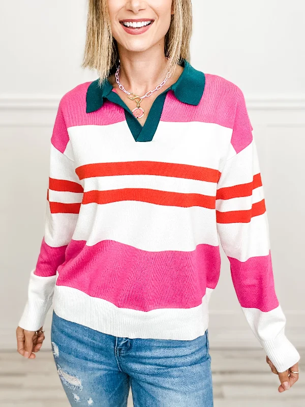 Seasonal Clearance Multi-Color Striped Long Sleeve Collared Sweater Top