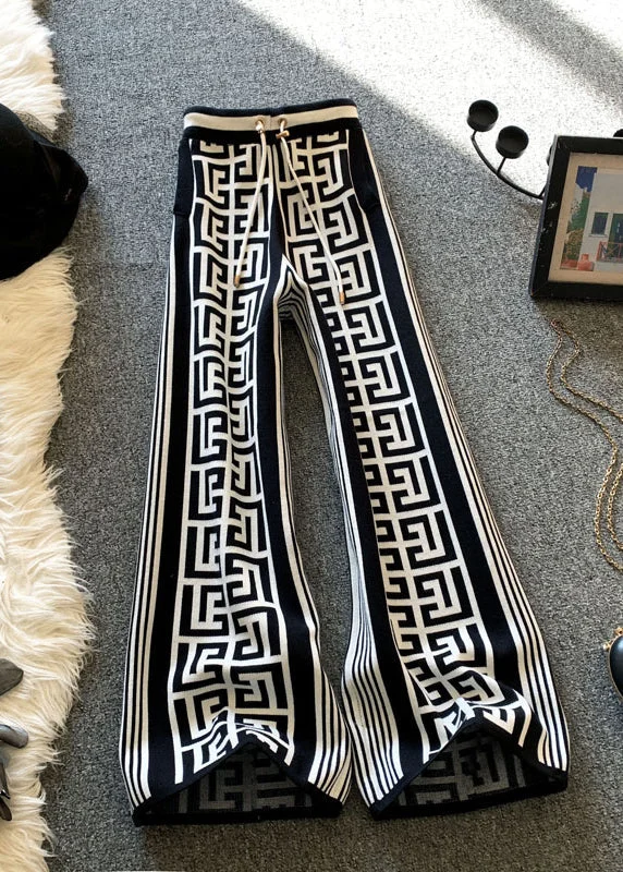 Special Price Stylish Black Drawstring Print Knit Wide Leg Pants Spring