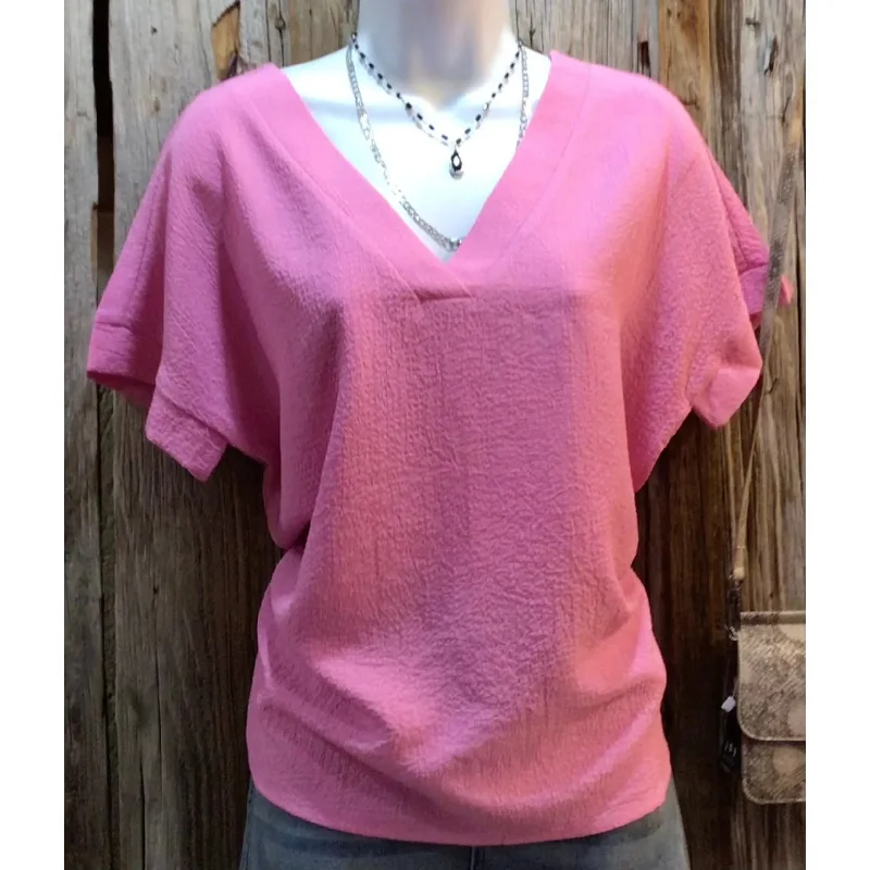 Price Cut Woven Bubble Airflow V-Neck Short Sleeve Top, Light Mauve