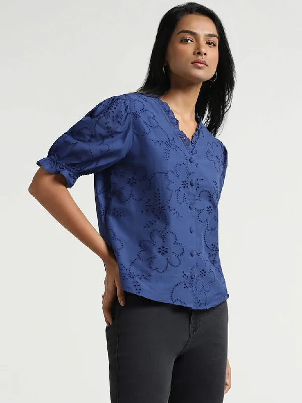 Act Now LOV Blue Schiffli Cotton Shirt