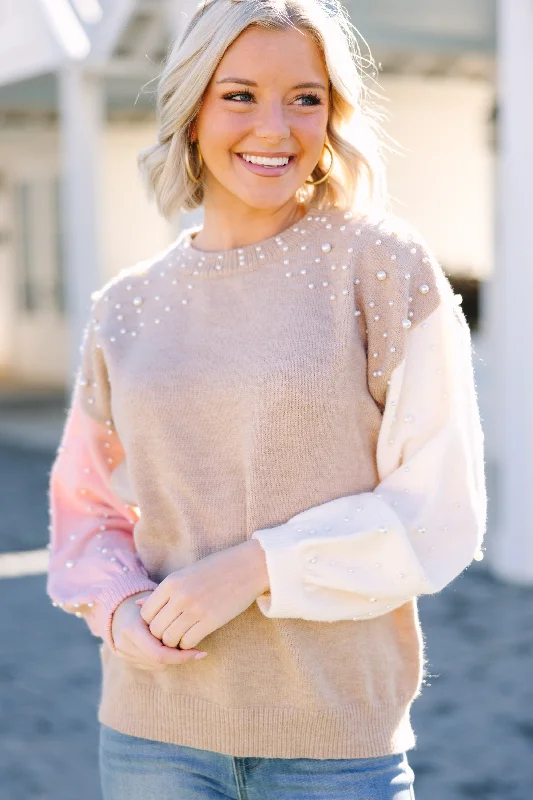 Value Deals Can't Help But Love Taupe Colorblock Embellished Sweater
