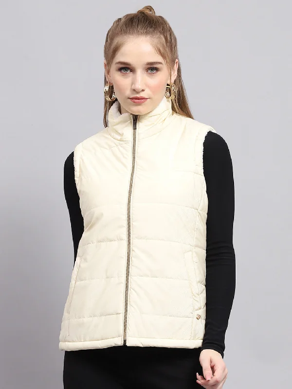 Special Offer Women Off White Solid Mock Neck Sleeveless Jacket