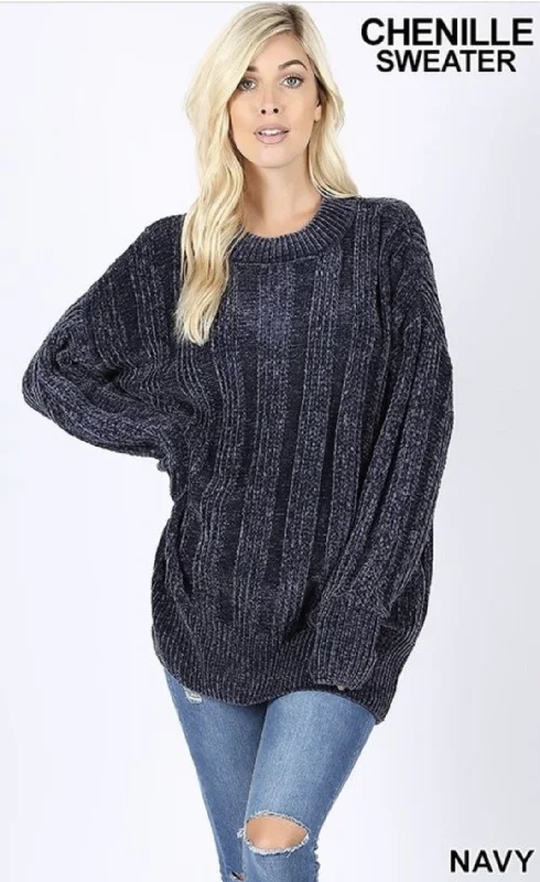 Shop and Save Women’s Navy Over sized Cable Knit Chenille Sweater