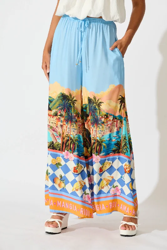 Midnight Madness Lucia Pant In Light Blue with Multi Tropical Print