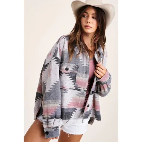 Limited Offer Pink Gray Eldora Aztec Tribal Distressed Western Shacket Shirt Jacket Button Up
