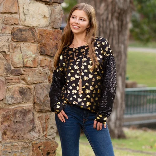 Now or Never Valentines Heart Top with Sequin Sleeves
